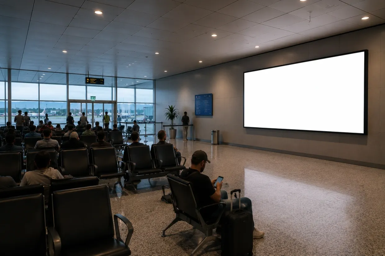Painel digital em ambiente aeroportuário representando mídia DOOH em Confins