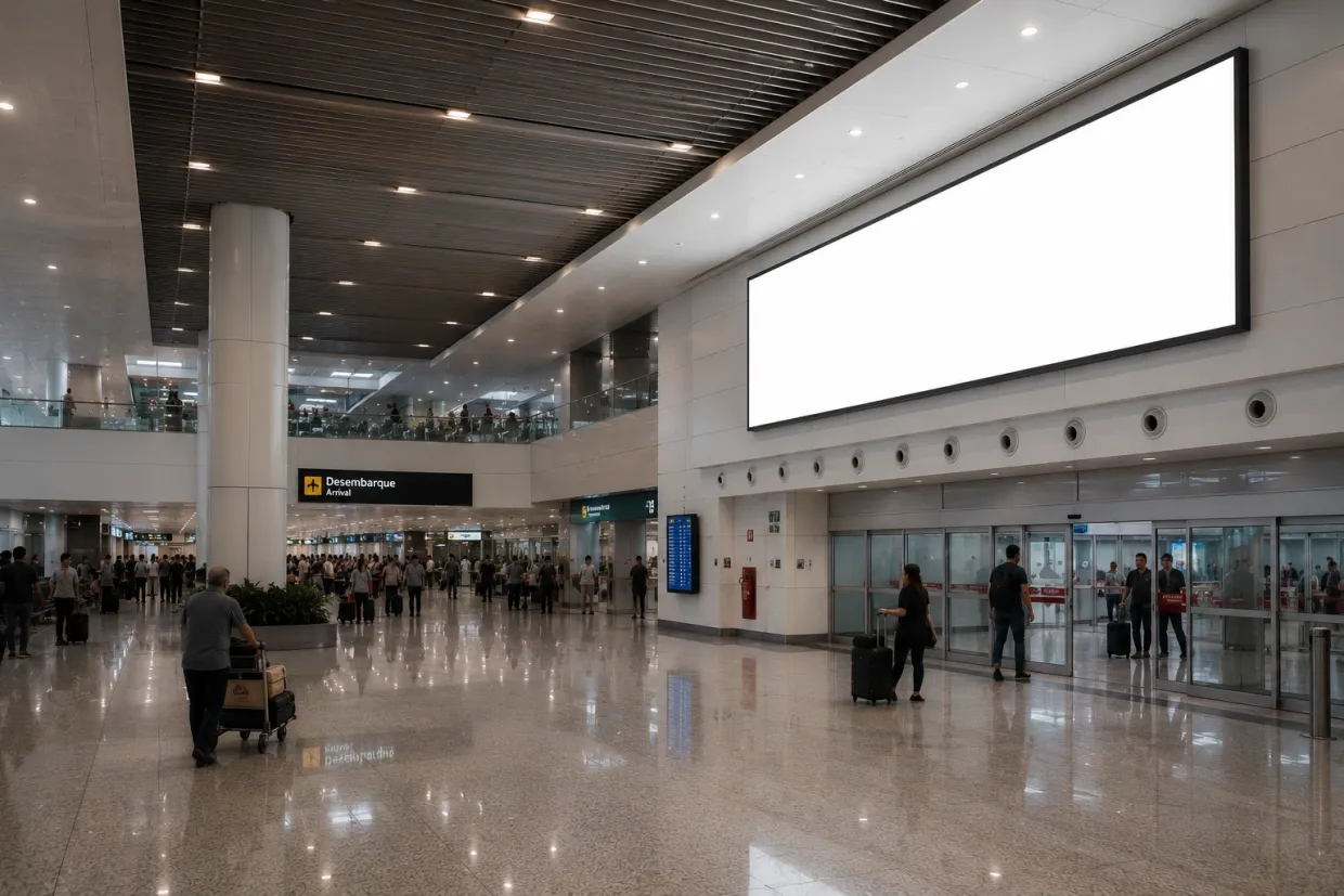 Painéis digitais em terminal representando uma campanha DOOH no Aeroporto de Florianópolis