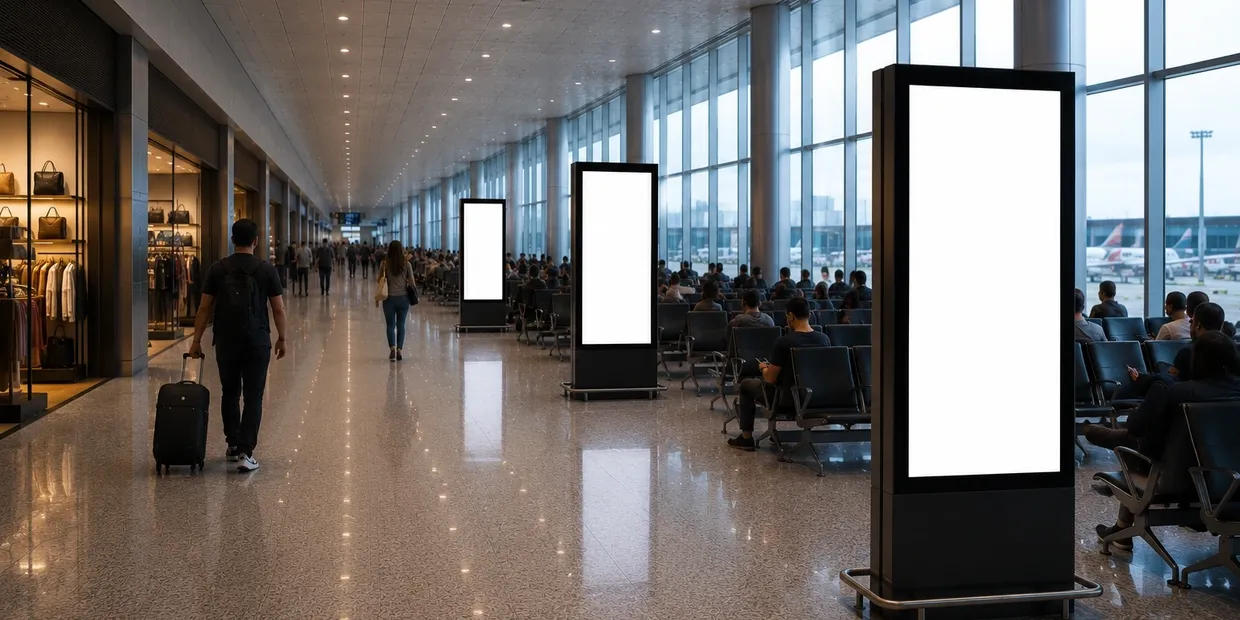 sequência de totens digitais em terminal aeroportuário; formato de mídia a consultar no Aeroporto Internacional de Natal (NAT)