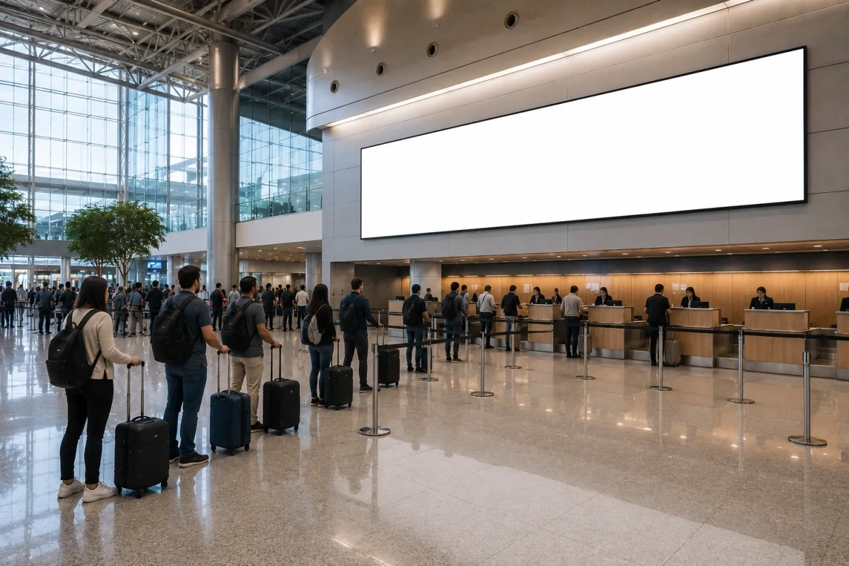 Painéis digitais em área de desembarque representando mídia no Aeroporto de Natal